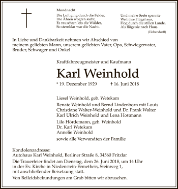 Traueranzeige von Karl Weinhold von WLZ