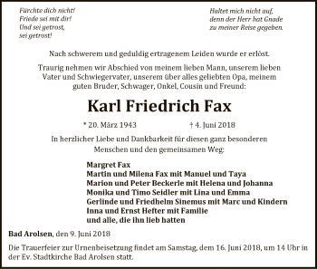 Traueranzeige von Karl Friedrich Fax von WLZ
