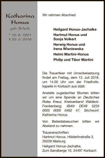 Traueranzeige von Katharina Honus von WLZ