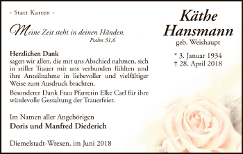 Traueranzeige von Käthe Hansmann von WLZ