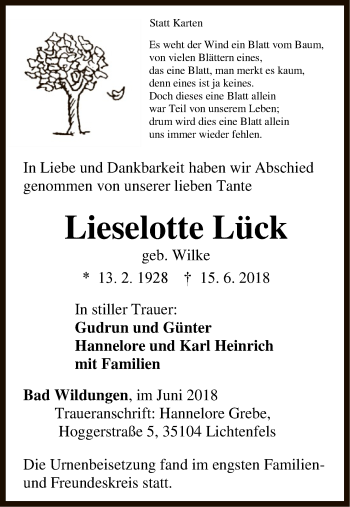 Traueranzeige von Lieselotte Lück von WLZ