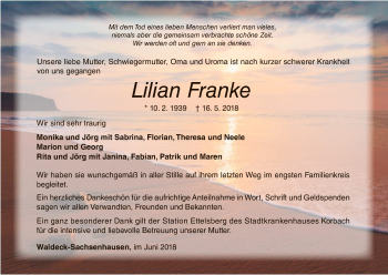 Traueranzeige von Lilian Franke von WLZ