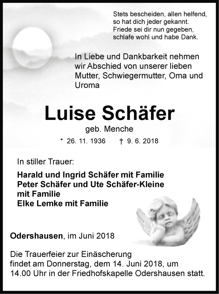  Traueranzeige für Luise Schäfer vom 12.06.2018 aus WLZ