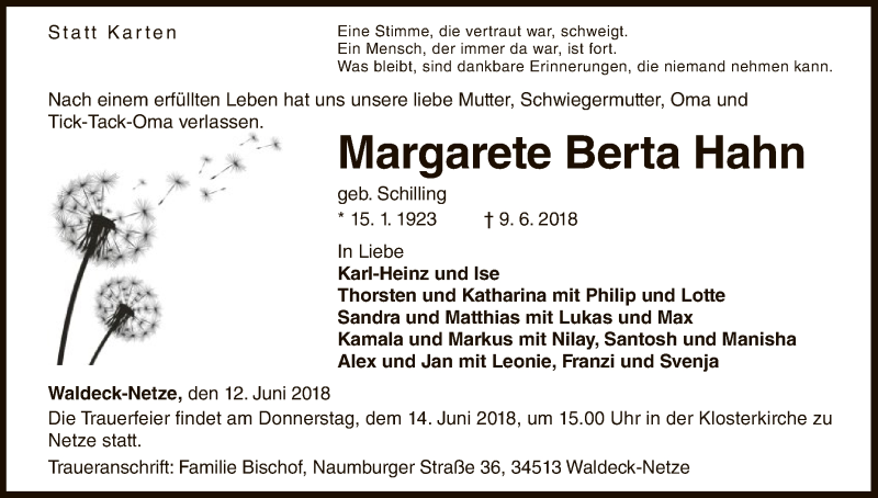  Traueranzeige für Margarete Berta Hahn vom 12.06.2018 aus WLZ
