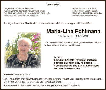 Traueranzeige von Maria-Lina Pohlmann von WLZ