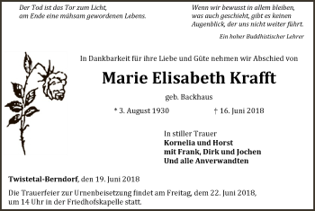 Traueranzeige von Marie Elisabeth Krafft von WLZ