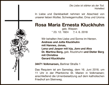 Traueranzeige von Rosa Maria Ernesta Kluckhuhn von WLZ
