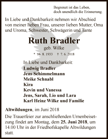 Traueranzeige von Ruth Bradler von WLZ