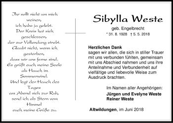 Traueranzeige von Sibylla Weste von WLZ