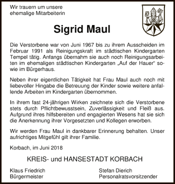 Traueranzeige von Sigrid Maul von WLZ
