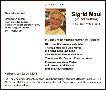 Traueranzeige von Sigrid Maul von WLZ