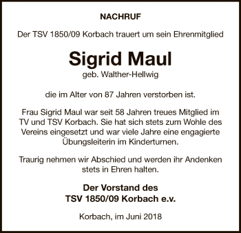 Traueranzeige von Sigrid Maul von WLZ