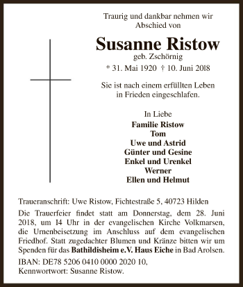 Traueranzeige von Susanne Ristow von WLZ
