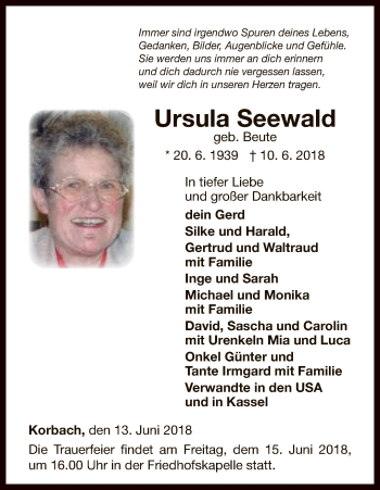 Traueranzeige von Ursula Seewald von WLZ