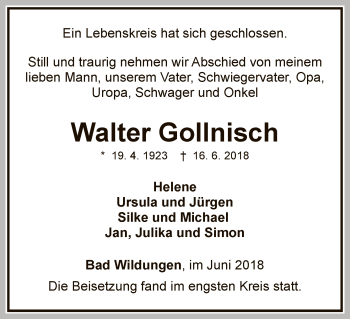 Traueranzeige von Walter Gollnisch von WLZ