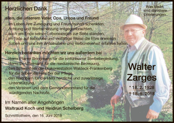 Traueranzeige von Walter Zarges von WLZ