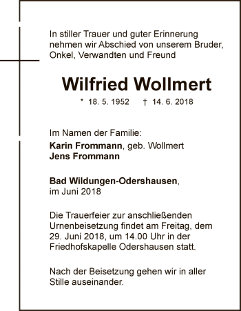 Traueranzeige von Wilfried Wollmert von WLZ