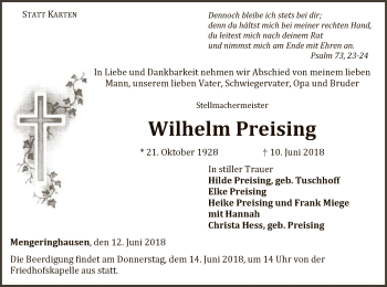 Traueranzeige von Wilhelm Preising von WLZ
