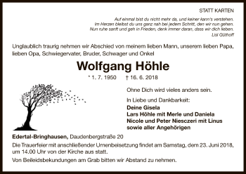 Traueranzeige von Wolfgang Höhle von WLZ