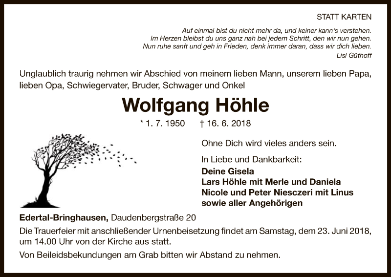  Traueranzeige für Wolfgang Höhle vom 19.06.2018 aus WLZ