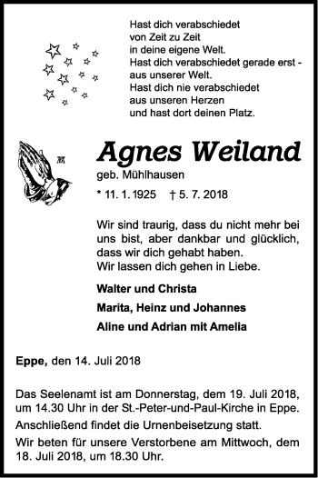 Traueranzeige von Agnes Weiland von WLZ