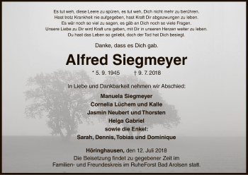 Traueranzeige von Alfred Siegmeyer von WLZ