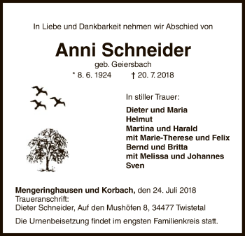 Traueranzeige von Anni Schneider von WLZ