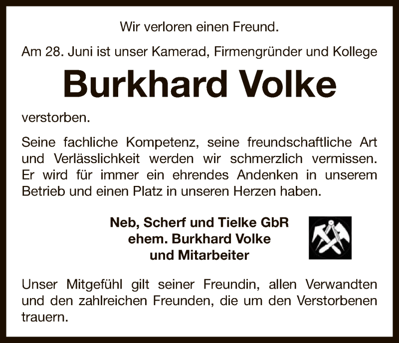  Traueranzeige für Burkhard Volke vom 05.07.2018 aus WLZ