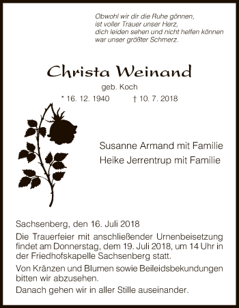 Traueranzeige von Christa Weinand von WLZ