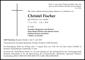 Traueranzeige von Christel Fischer von WLZ