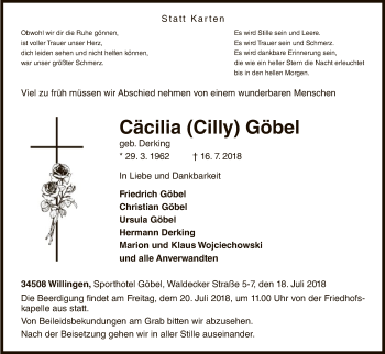 Traueranzeige von Cäcilia Göbel von WLZ