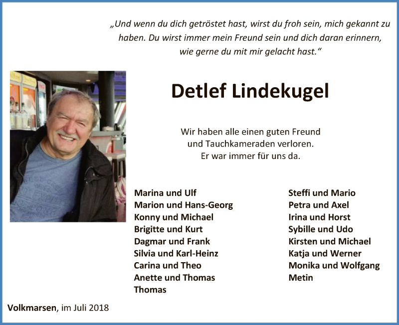  Traueranzeige für Detlef Lindekugel vom 17.07.2018 aus WLZ
