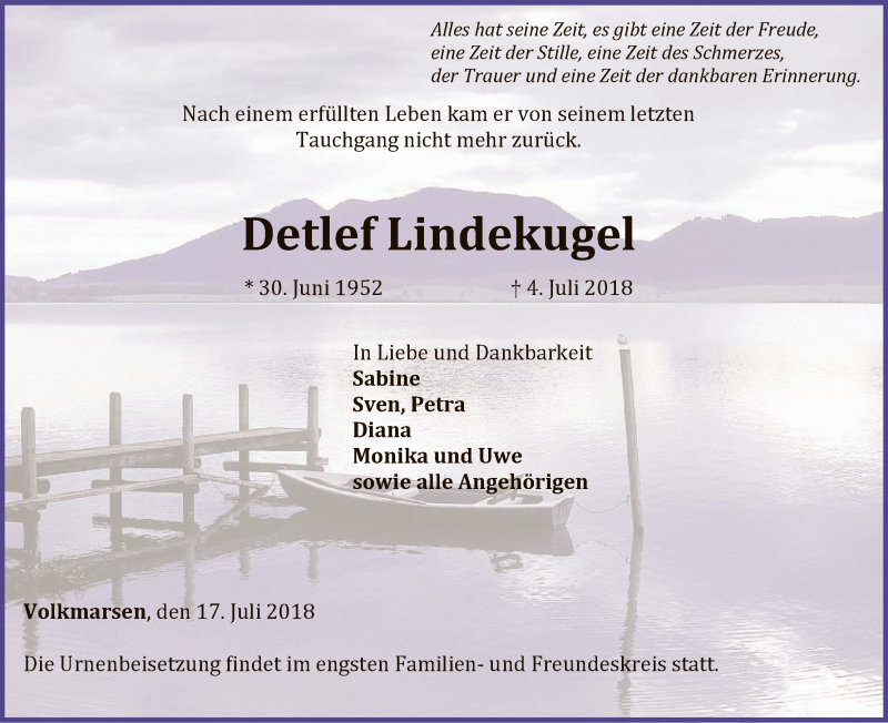  Traueranzeige für Detlef Lindekugel vom 17.07.2018 aus WLZ