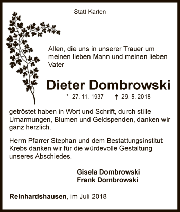 Traueranzeige von Dieter Dombrowski von WLZ