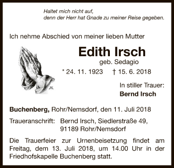 Traueranzeige von Edith Irsch von WLZ