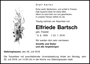 Traueranzeige von Elfriede Bartsch von WLZ