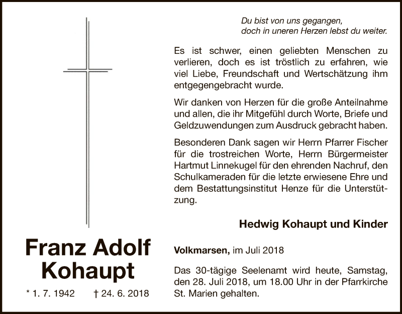  Traueranzeige für Franz Adolf Kohaupt vom 28.07.2018 aus WLZ