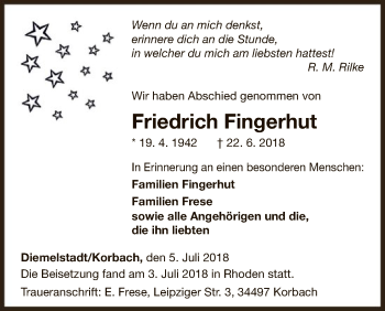 Traueranzeige von Friedrich Fingerhut von WLZ
