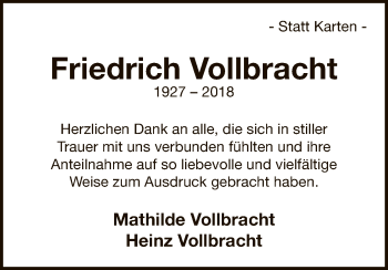Traueranzeige von Friedrich Vollbracht von WLZ