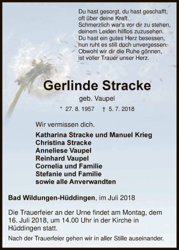 Traueranzeige von Gerlinde Stracke von WLZ