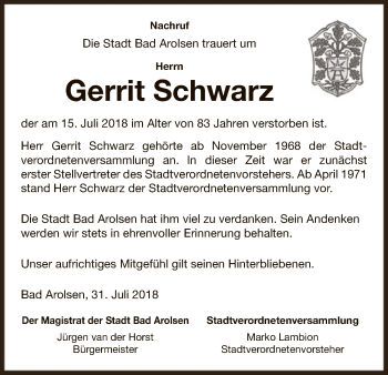 Traueranzeige von Gerrit Schwarz von WLZ