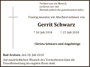 Traueranzeige von Gerrit Schwarz von WLZ