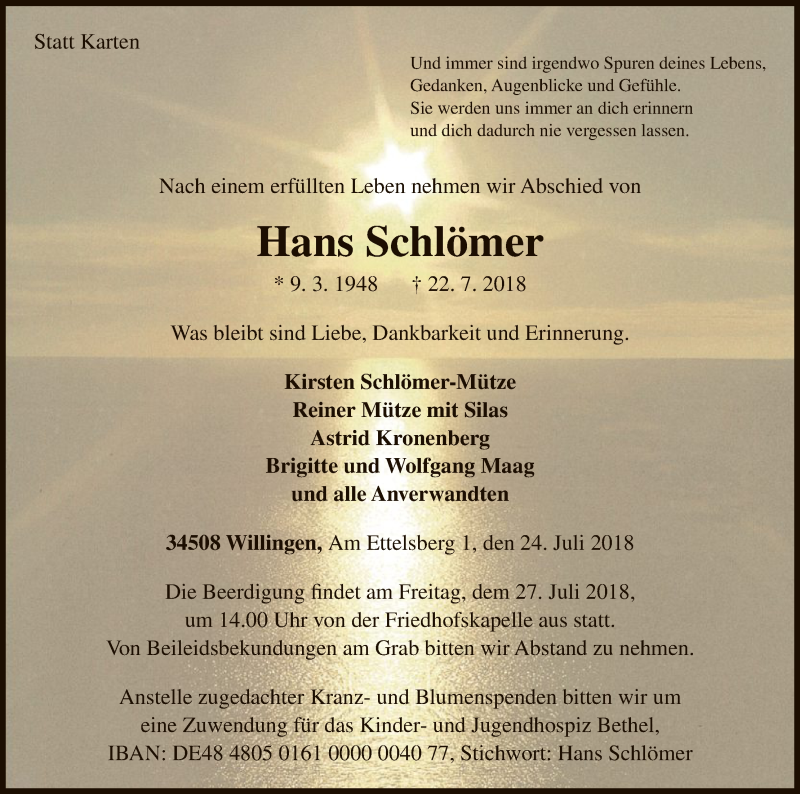  Traueranzeige für Hans Schlömer vom 24.07.2018 aus WLZ