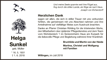 Traueranzeige von Helga Sunkel von WLZ