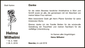 Traueranzeige von Helma Wilhelmi von WLZ