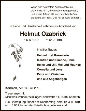 Traueranzeige von Helmut Ozabrick von WLZ