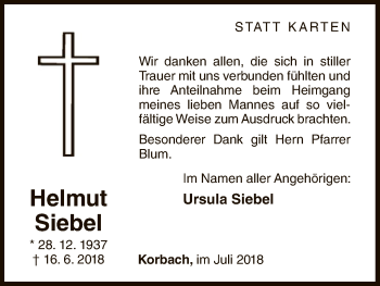 Traueranzeige von Helmut Siebel von WLZ