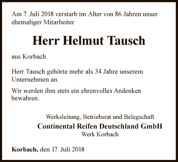 Traueranzeige von Helmut Tausch von WLZ