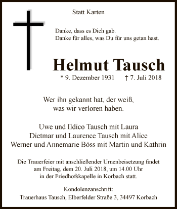 Traueranzeige von Helmut Tausch von WLZ