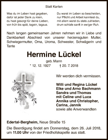 Traueranzeige von Hermine Lückel von WLZ